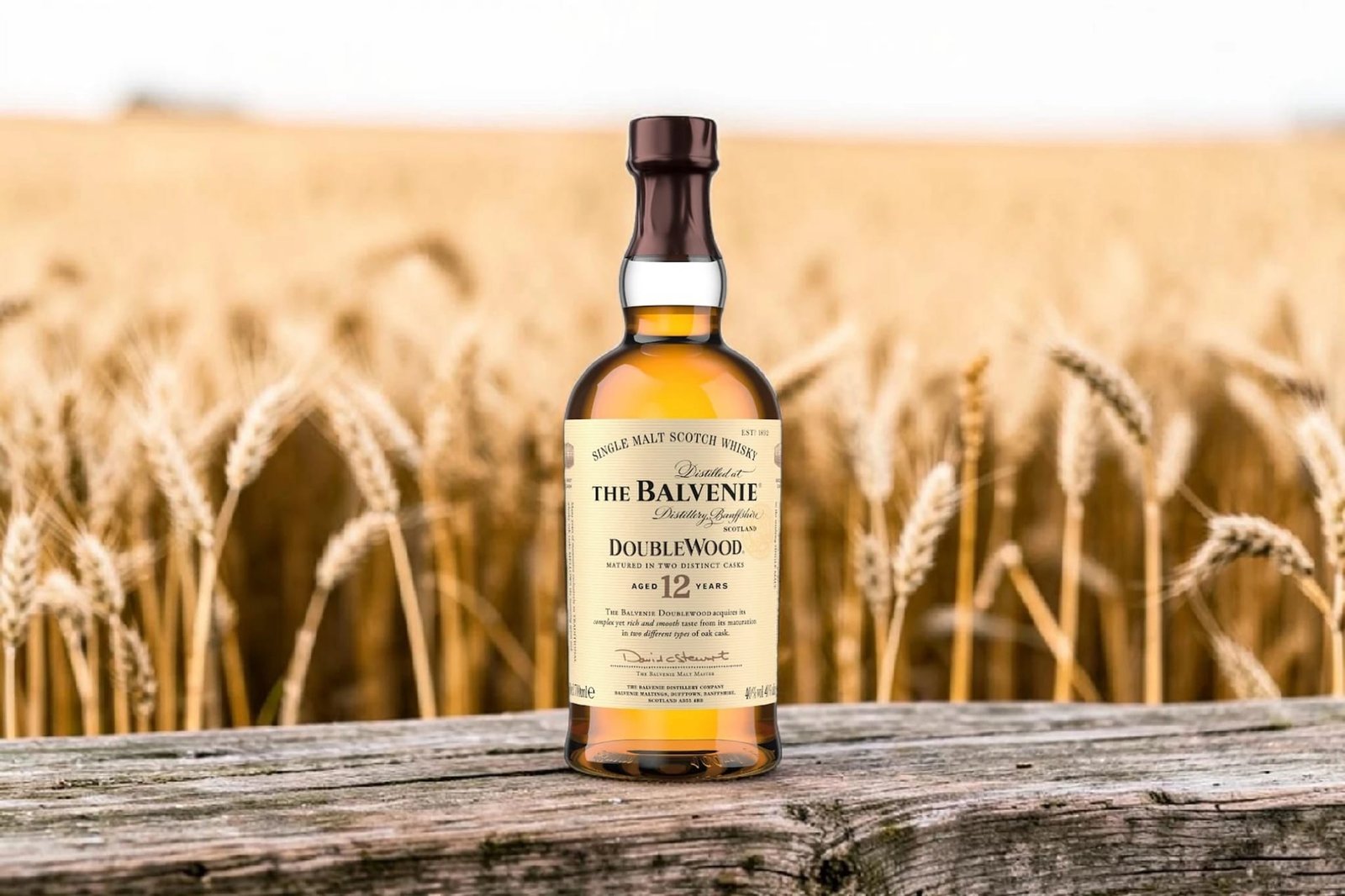 Balvenie 12 DoubleWood bottle standing in a barley field during golden hour for this Balvenie 12 DoubleWood review