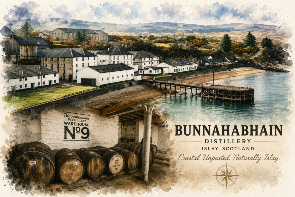 Watercolour illustration of Bunnahabhain Distillery on Islay featuring the coastal warehouses, pier and Warehouse 9 tasting warehouse