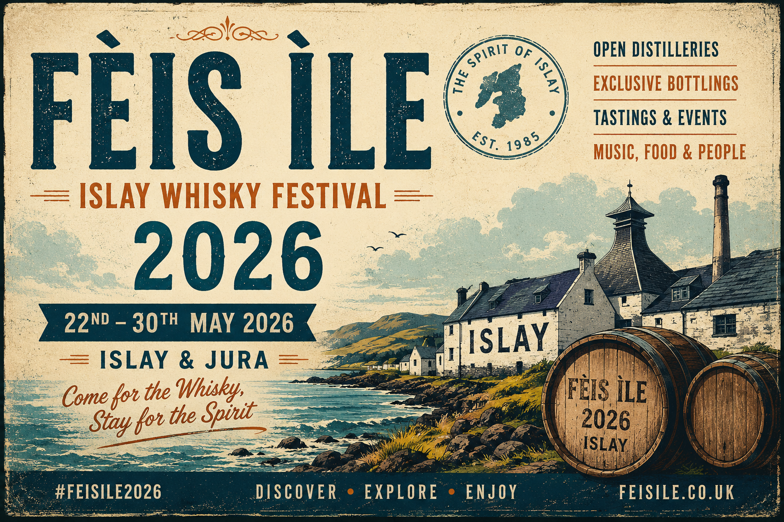 Vintage-style Fèis Ìle 2026 Islay Whisky Festival poster featuring Islay distilleries, coastal scenery, whisky barrels and retro festival typography