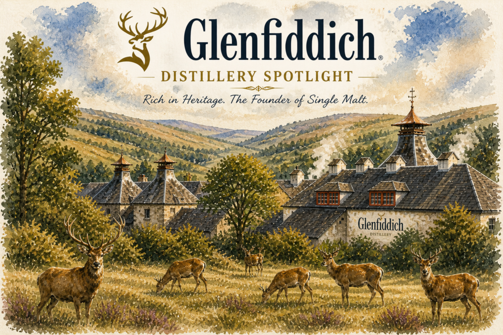 Glenfiddich Distillery in Speyside illustrated in a watercolor style with deer grazing in the valley and distillery buildings in the background