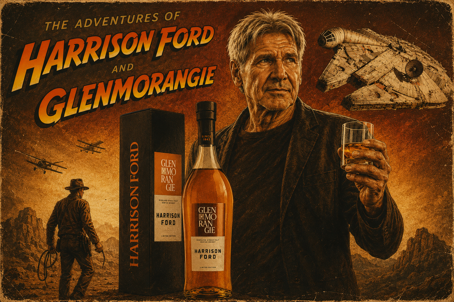 Vintage-style Harrison Ford Glenmorangie whisky poster inspired by classic Indiana Jones adventure artwork