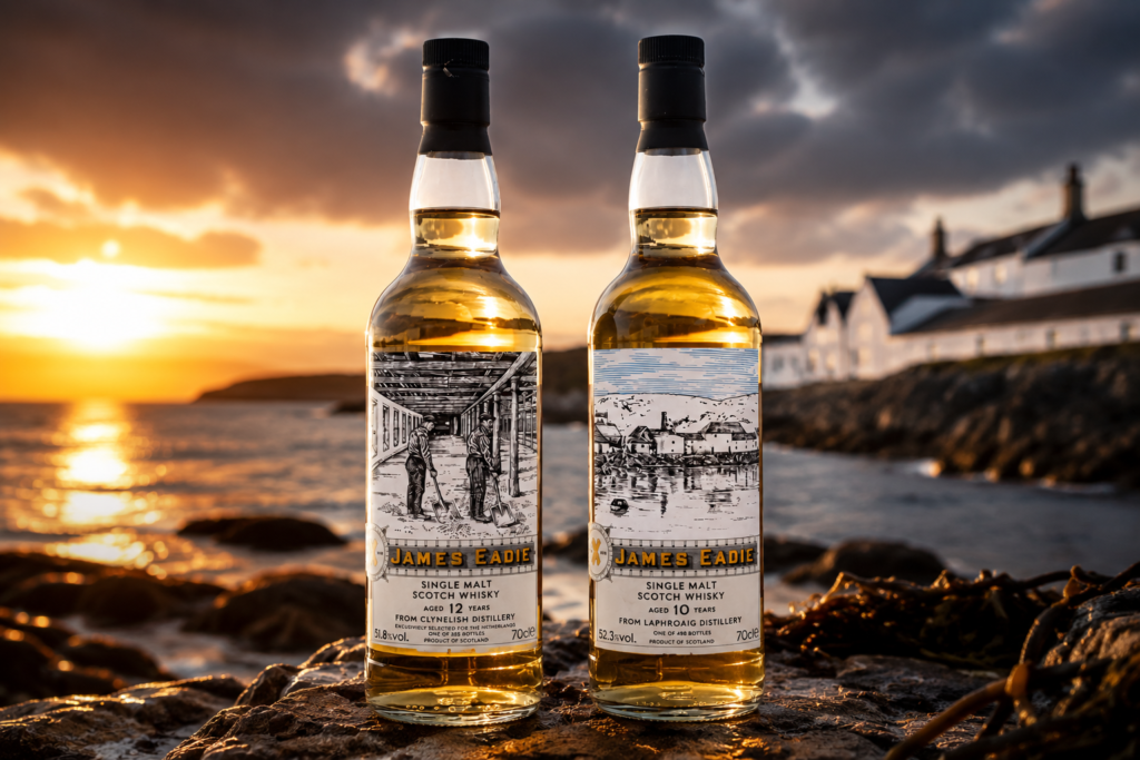 James Eadie Clynelish and Laphroaig single cask whisky bottles photographed on a rocky Scottish coastline at sunset