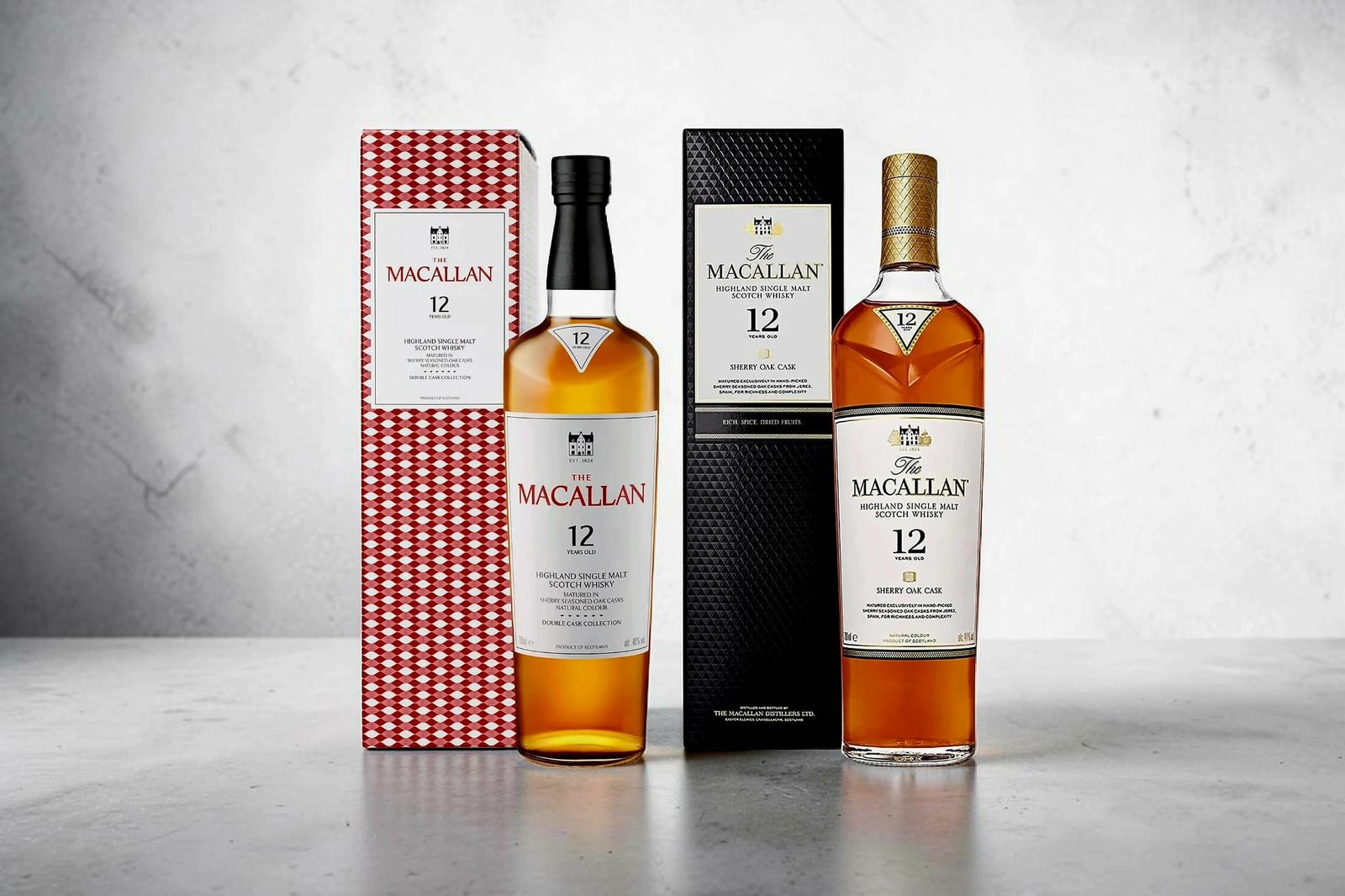Macallan 12 Double Cask and Sherry Oak side by side for review comparison