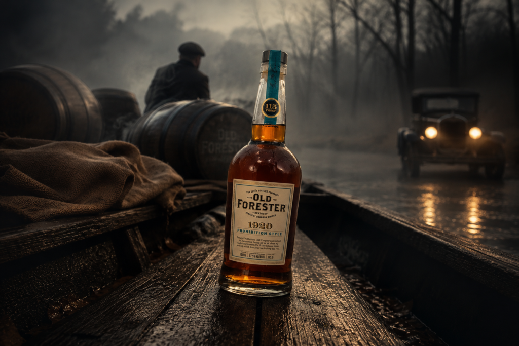 Old Forester 1920 Prohibition Style Bourbon bottle in a cinematic bootlegging-inspired river scene during foggy nighttime conditions