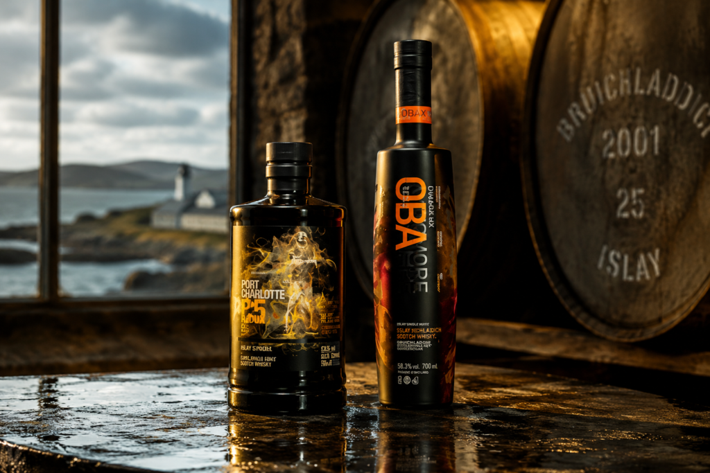 Bruichladdich Port Charlotte PC5 Redux and Octomore OBA Redux bottles displayed inside a moody Islay-style warehouse setting during Fèis Ìle 2026
