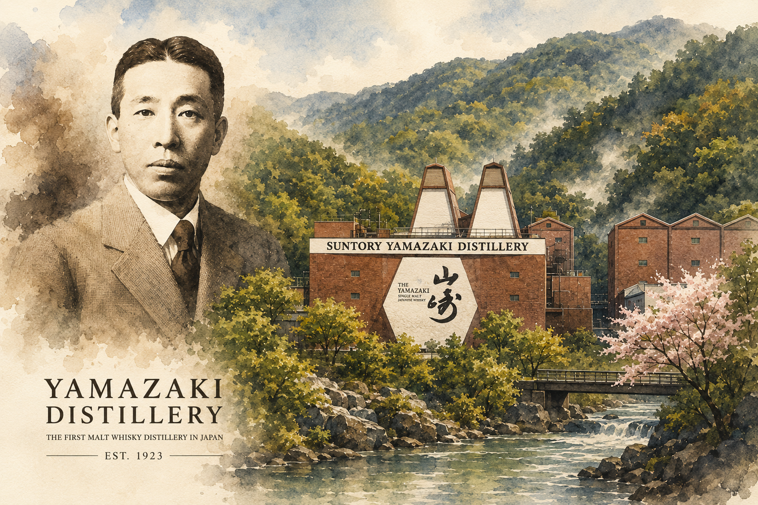 Watercolour illustration of Yamazaki Distillery in Japan with founder Shinjiro Torii overlooking the distillery buildings and surrounding Kyoto valley landscape.