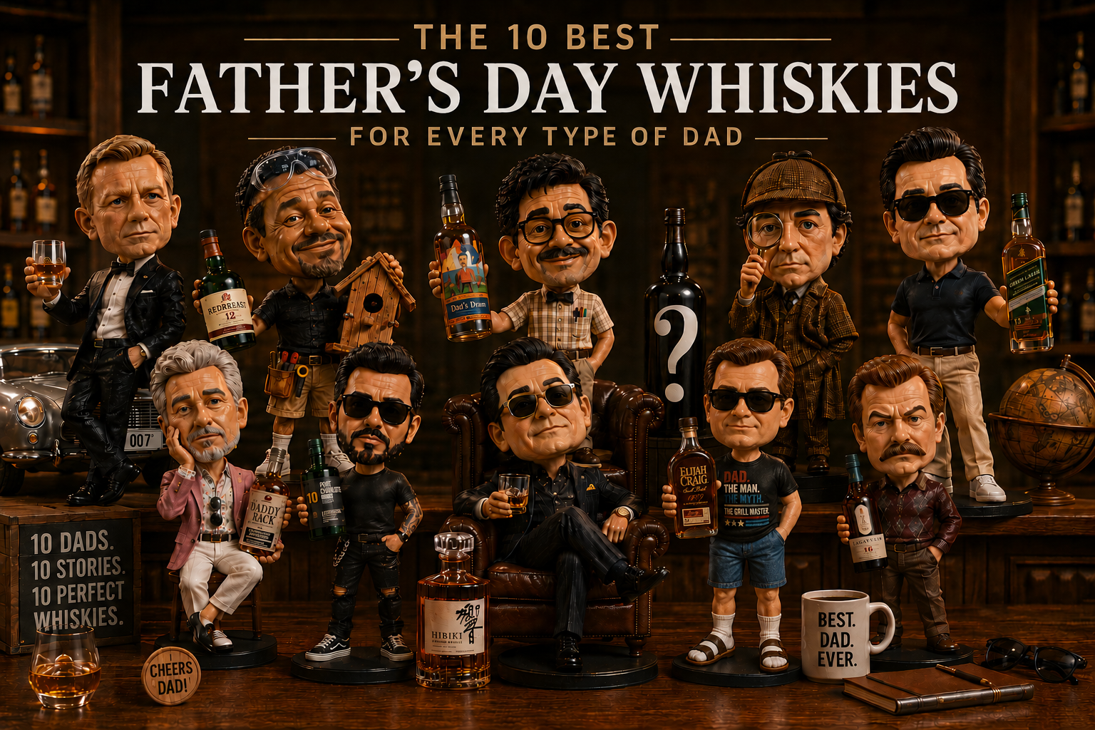 The 10 Best Father’s Day Whiskies featuring realistic bobblehead dads holding premium whisky bottles including Elijah Craig, Green Label, Hibiki, Lagavulin and Redbreast in a luxury whisky lounge.