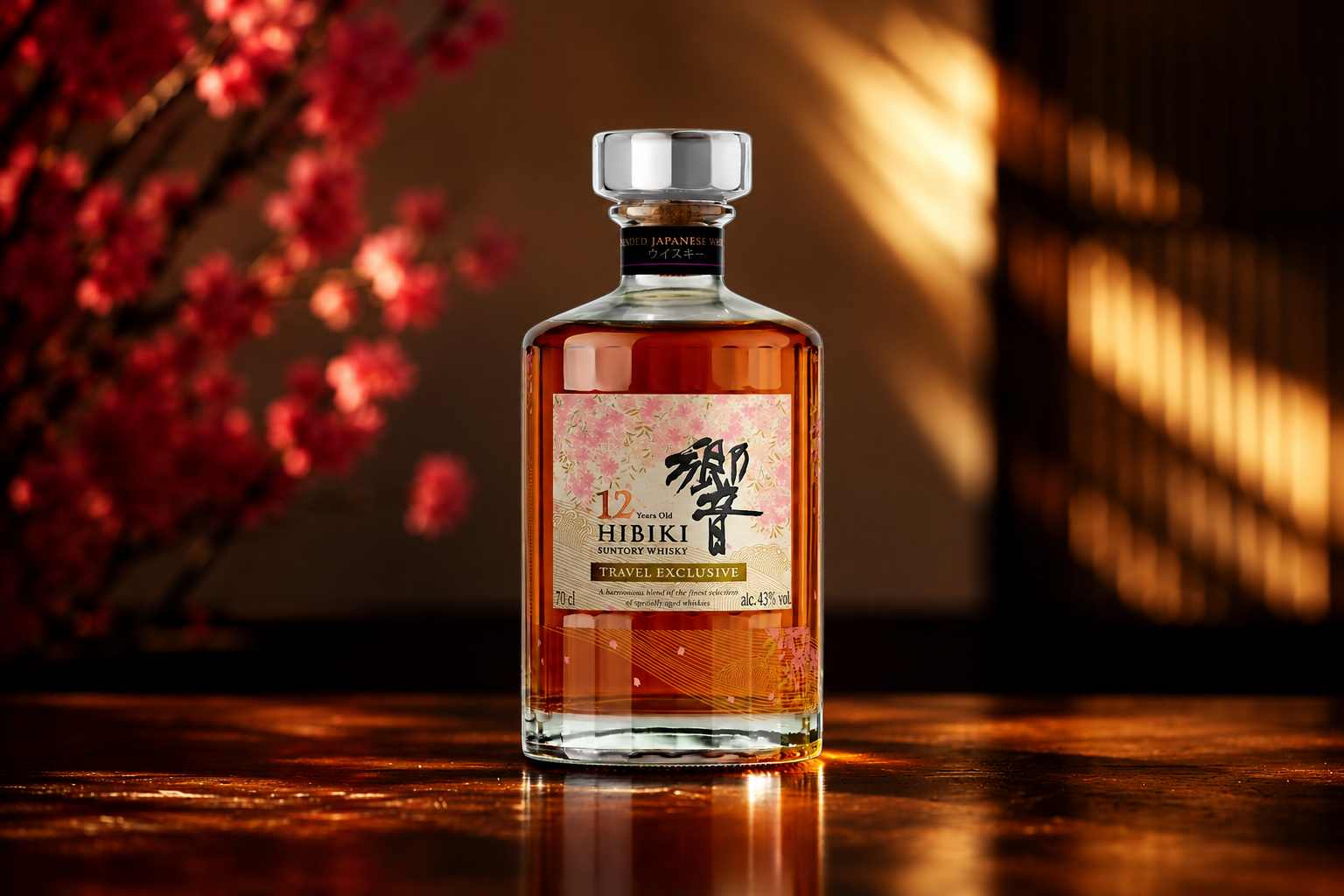 Hibiki 12 Year Old travel exclusive Japanese whisky bottle with gold detailing in dramatic warm lighting