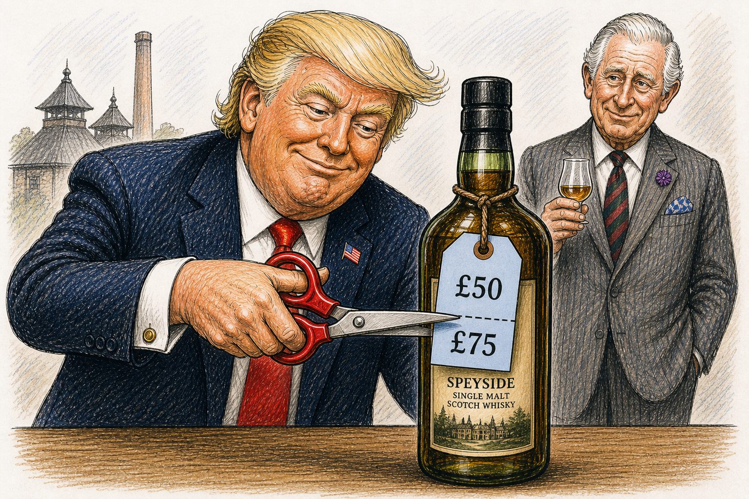 Trump cutting a whisky price tag as tariffs end, with King Charles watching in the background