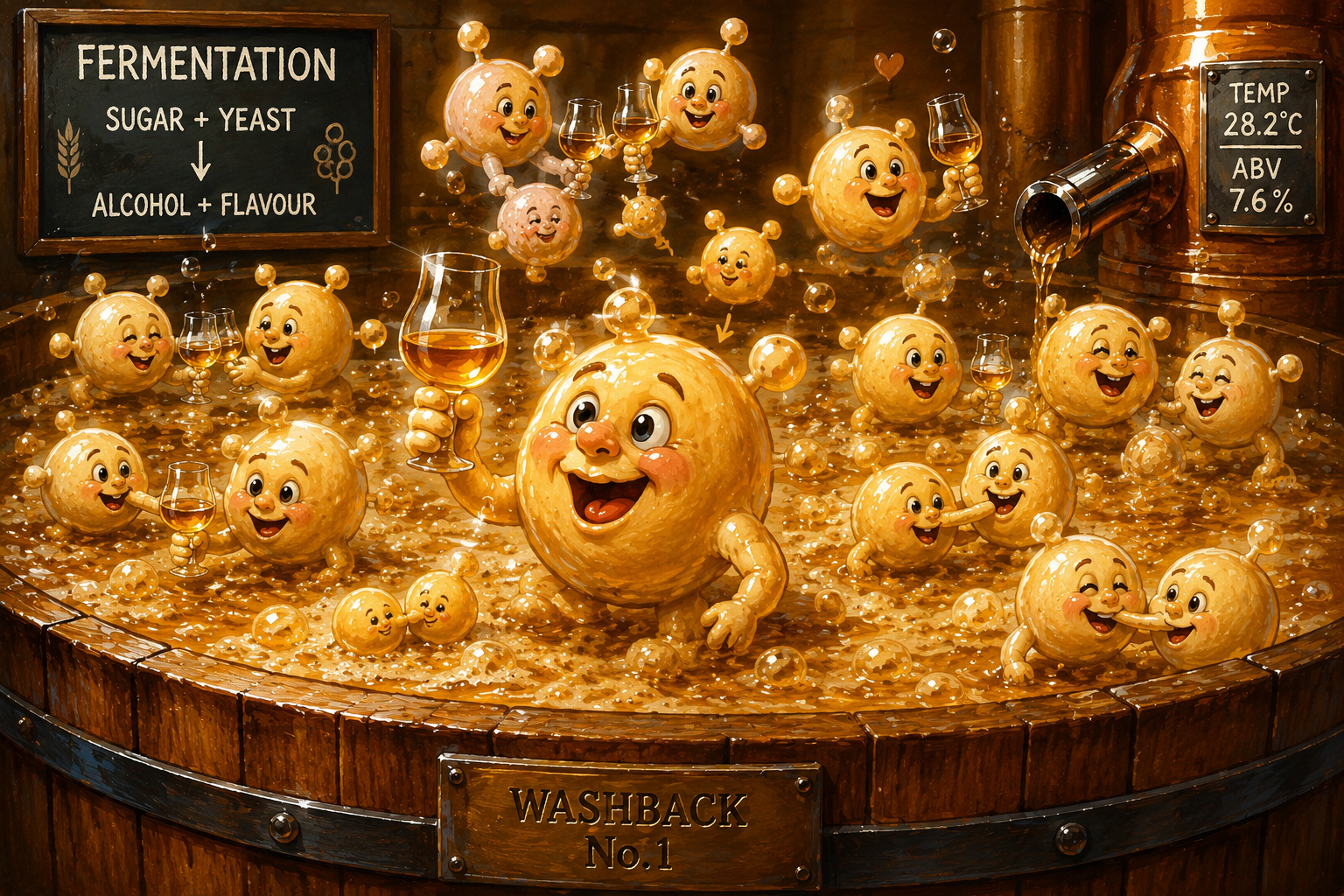 Cartoon yeast cells fermenting inside a wooden whisky washback while holding Glencairn glasses in a distillery fermentation tank