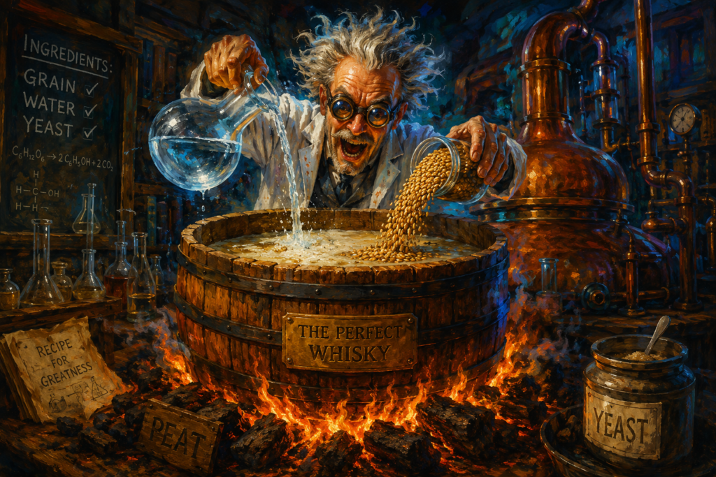 Mad scientist creating whisky by combining grain, yeast and water in a wooden barrel over a peat fire inside a dramatic distillery laboratory