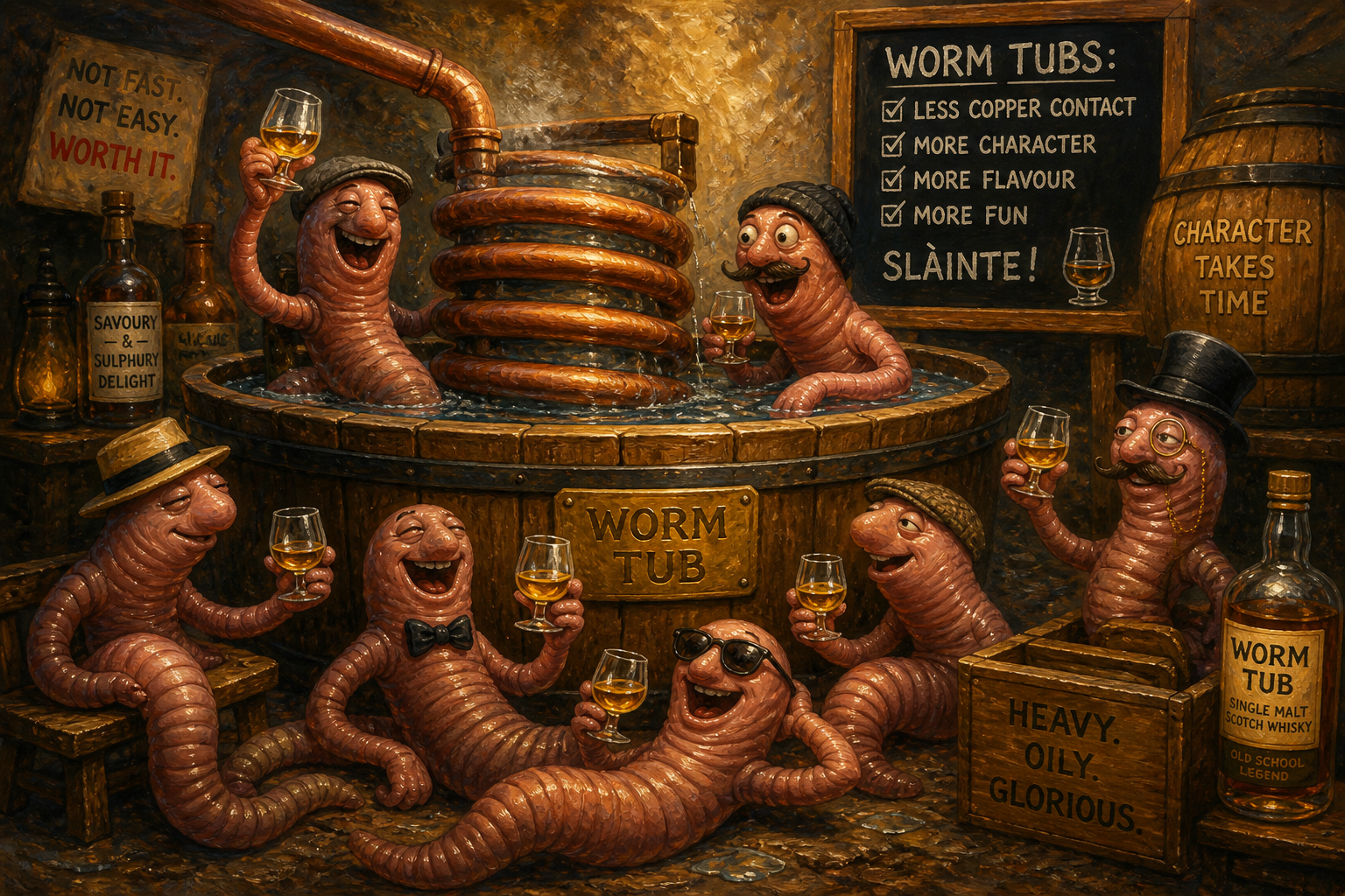 Playful oil painting of worm tubs in whisky distillation surrounded by anthropomorphic rain worms drinking whisky in a distillery setting