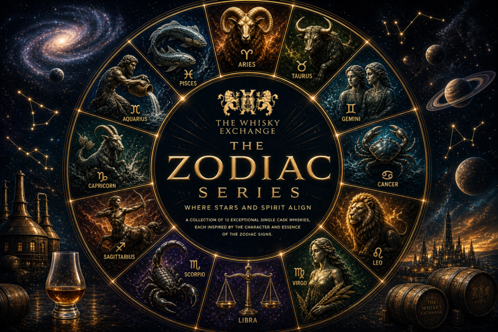 Zodiac Series whisky poster by The Whisky Exchange featuring all 12 zodiac signs arranged in a glowing celestial wheel with gold detailing and cosmic background