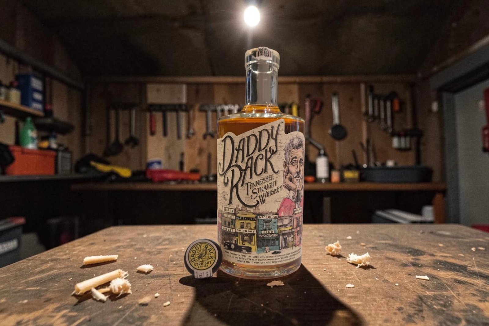 Daddy Rack Tennessee Straight Whiskey bottle standing on a wooden workbench in a workshop, showcasing the distinctive illustrated label and Tennessee whiskey branding.