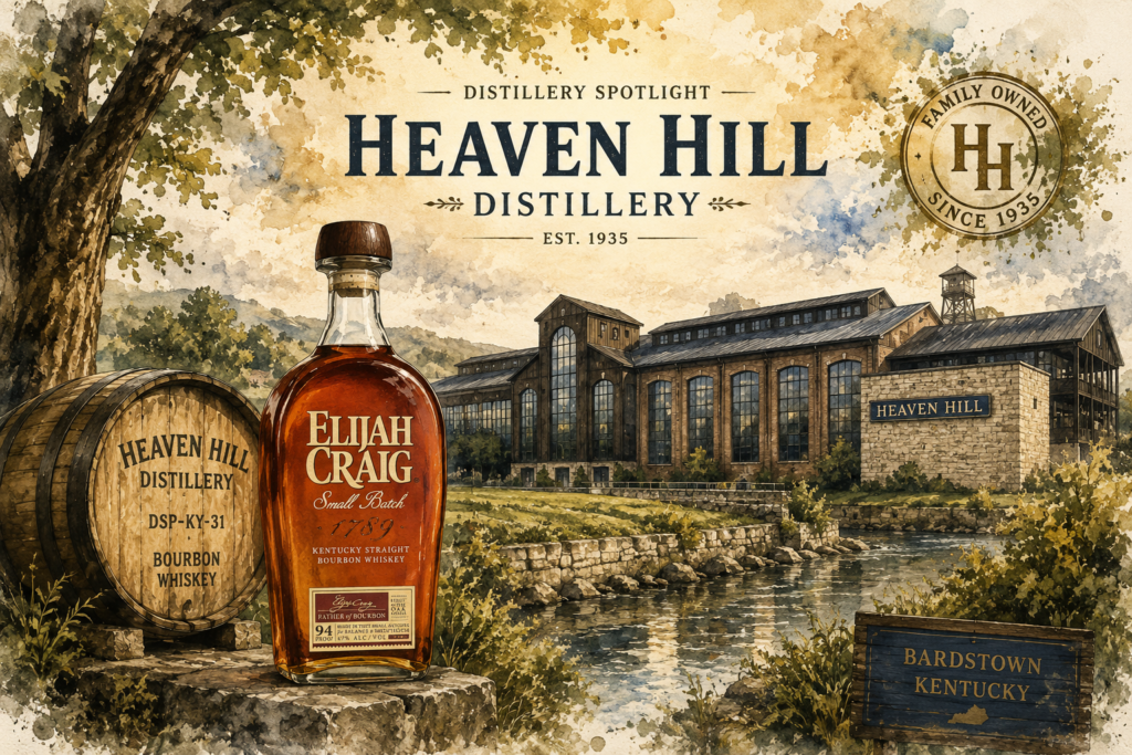 Heaven Hill Distillery in Bardstown Kentucky with Elijah Craig bourbon bottle and historic bourbon barrel illustration
