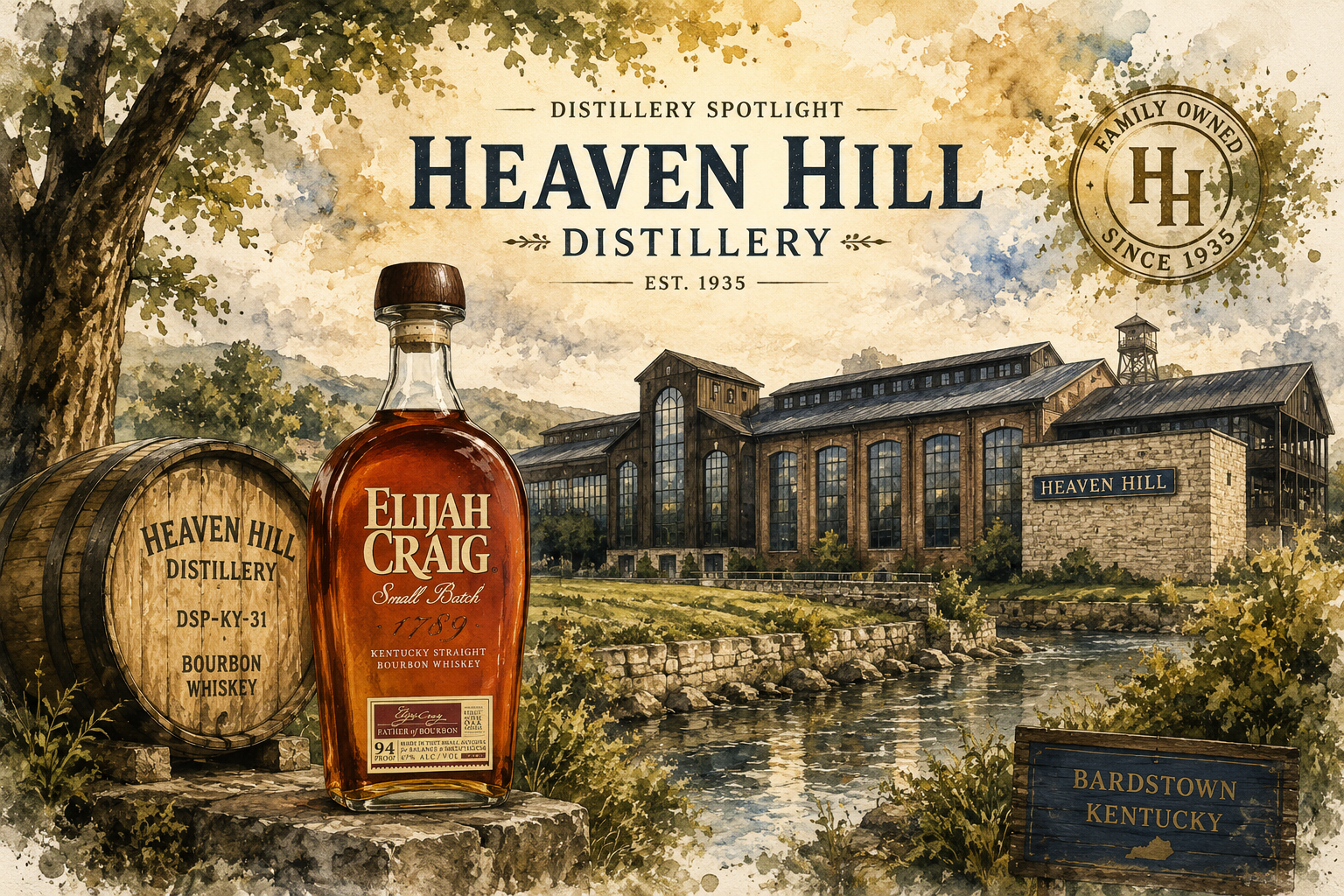 Heaven Hill Distillery in Bardstown Kentucky with Elijah Craig bourbon bottle and historic bourbon barrel illustration