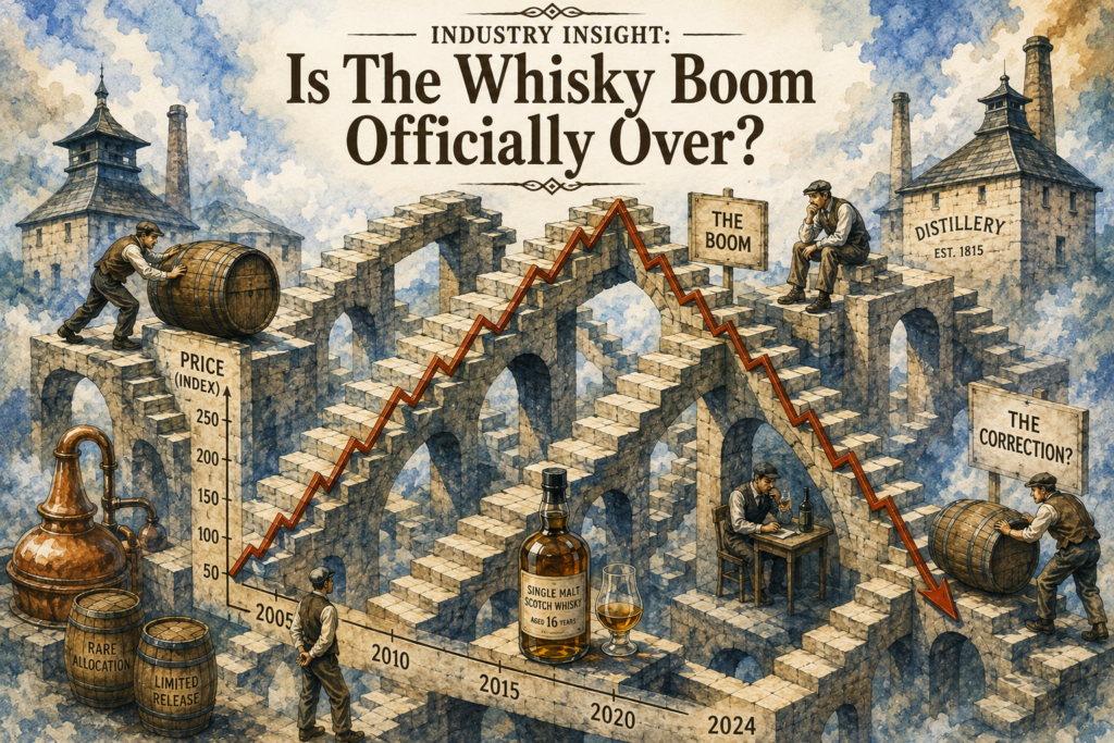 Watercolour illustration in an Escher-inspired style showing a whisky price graph rising and falling across impossible staircases, with whisky barrels, a distillery and the headline "Is The Whisky Boom Officially Over?"