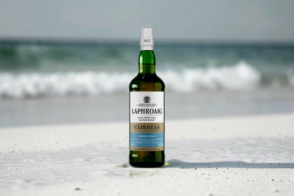 Laphroaig Càirdeas 2026 French Oak bottle standing on a sandy beach with ocean waves breaking in the background.