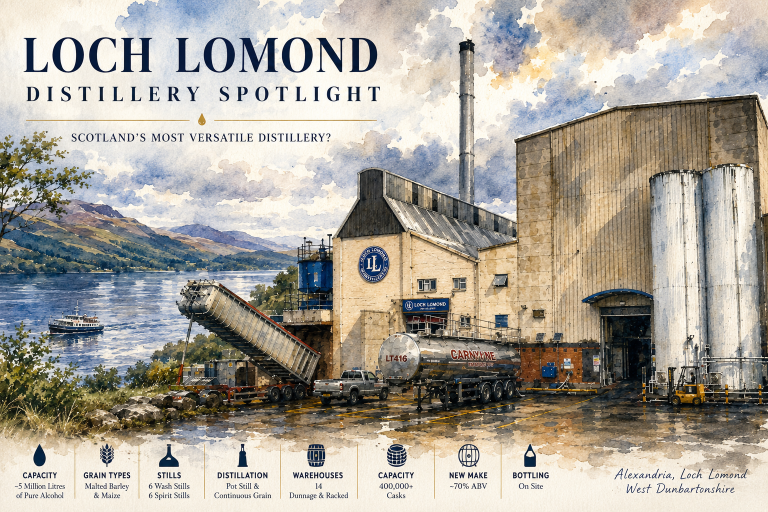 Loch Lomond Distillery watercolour illustration featuring the Alexandria distillery buildings overlooking Loch Lomond, highlighting Scotland's most versatile whisky producer.