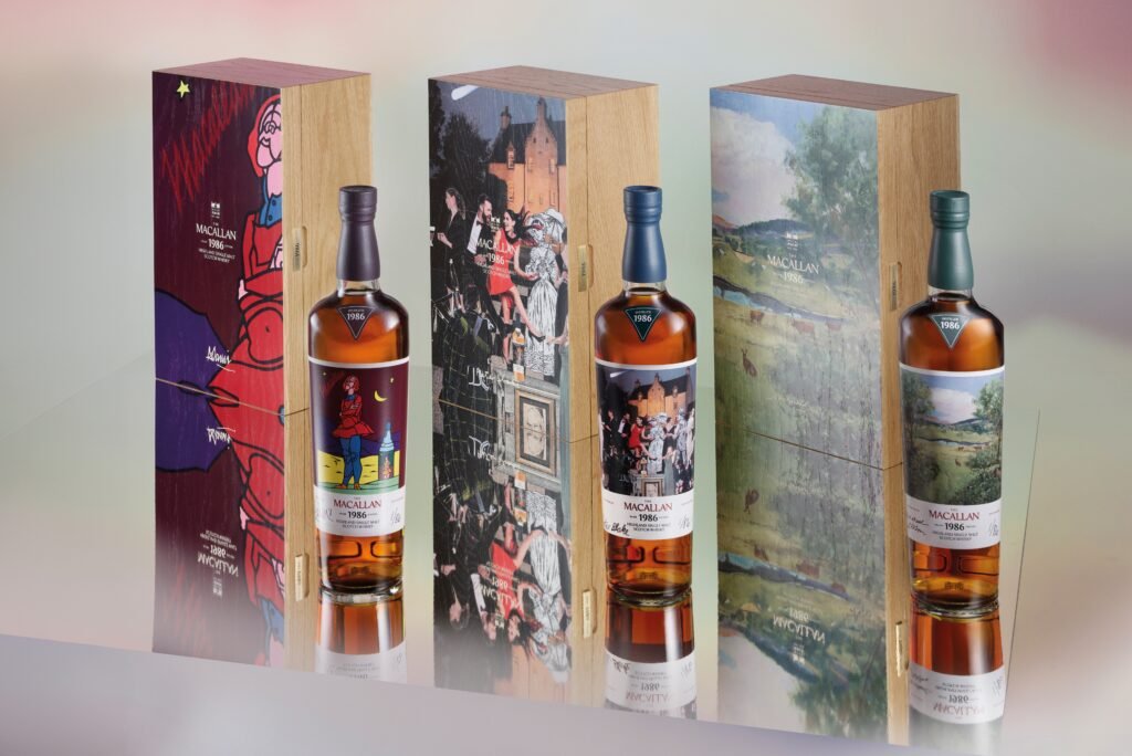 The Macallan Romantica Collection featuring three 1986 vintage single malt whiskies alongside artist-designed presentation cases by Sir Peter Blake, Valerio Adami and Michael Dillon.