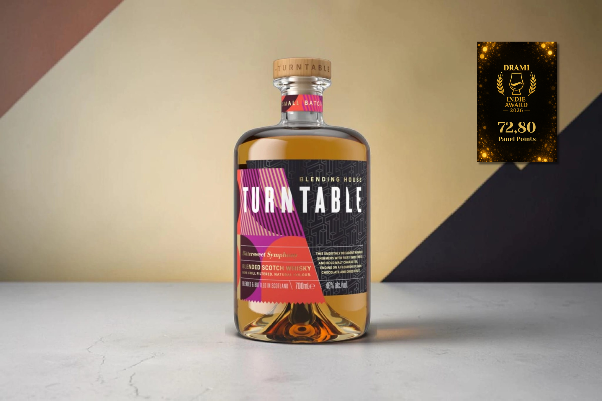 Turntable Bittersweet Symphony blended Scotch whisky bottle with a DRAM1 Indie Awards 2026 badge showing a score of 72.80 panel points.