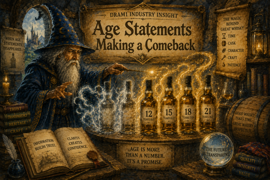 Watercolour illustration of a Merlin-like wizard magically restoring age statements to whisky bottles, transforming blank labels into 12, 15, 18 and 21-year-old expressions inside a whisky-themed alchemy workshop.