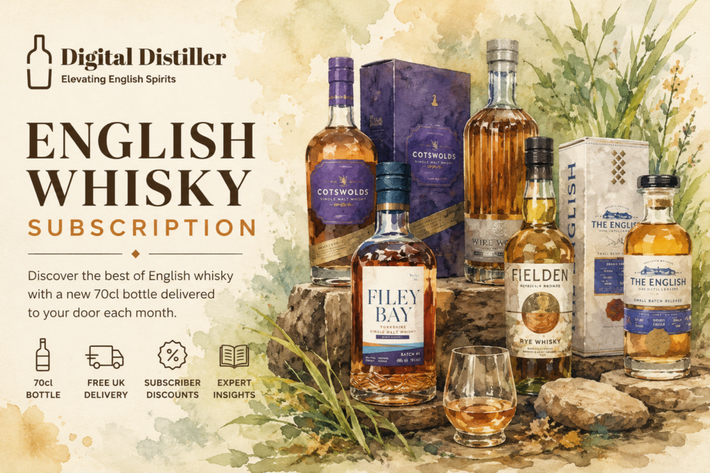 Watercolour illustration promoting the Digital Distiller English Whisky Subscription, featuring bottles from English distilleries including Cotswolds, Fielden, Filey Bay, White Peak and The English Distillery arranged in a countryside-inspired setting.