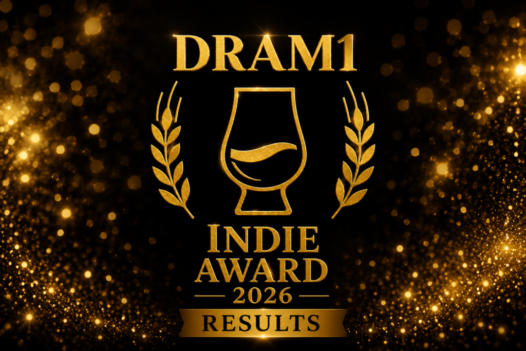DRAM1 Indie Award 2026 Results logo in gold on a black background with golden bokeh lights, featuring a whisky glass emblem and laurel branches.