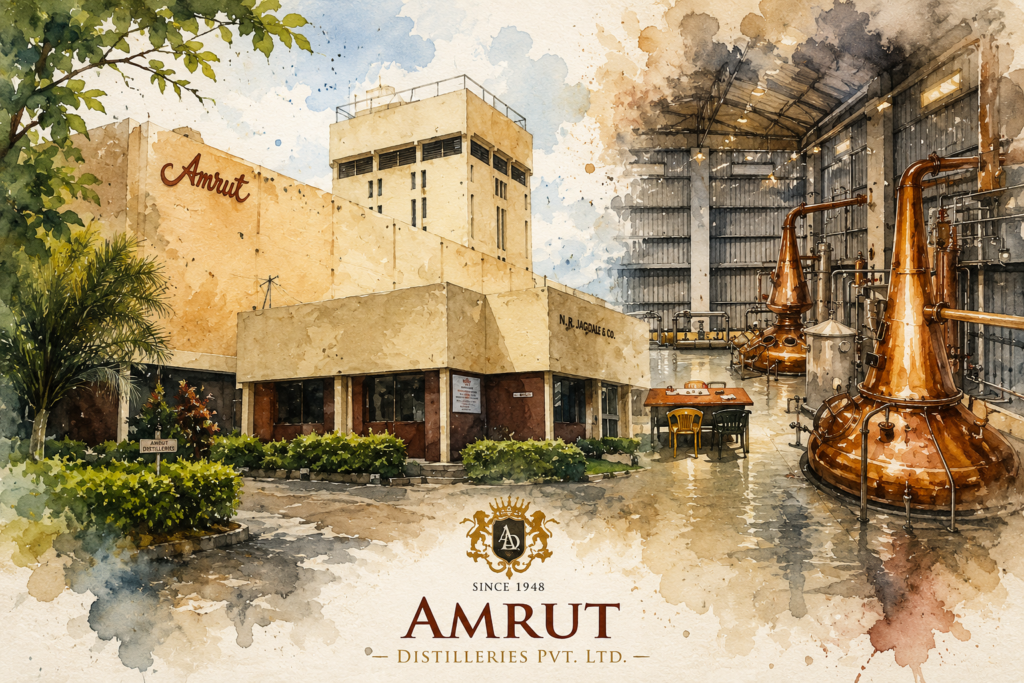 Amrut Distillery in Bengaluru with traditional copper pot stills illustrated in a watercolour style