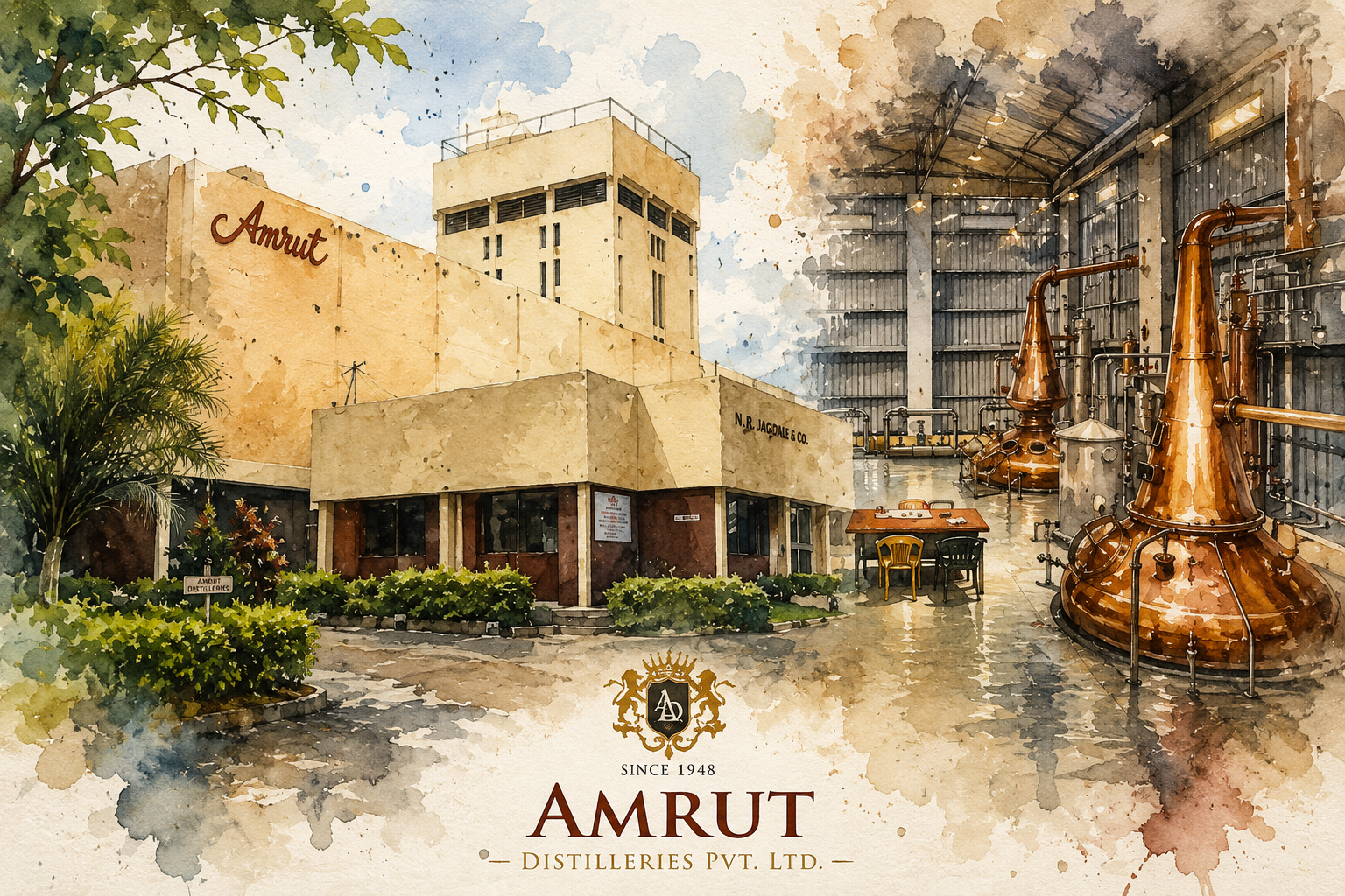 Amrut Distillery in Bengaluru with traditional copper pot stills illustrated in a watercolour style