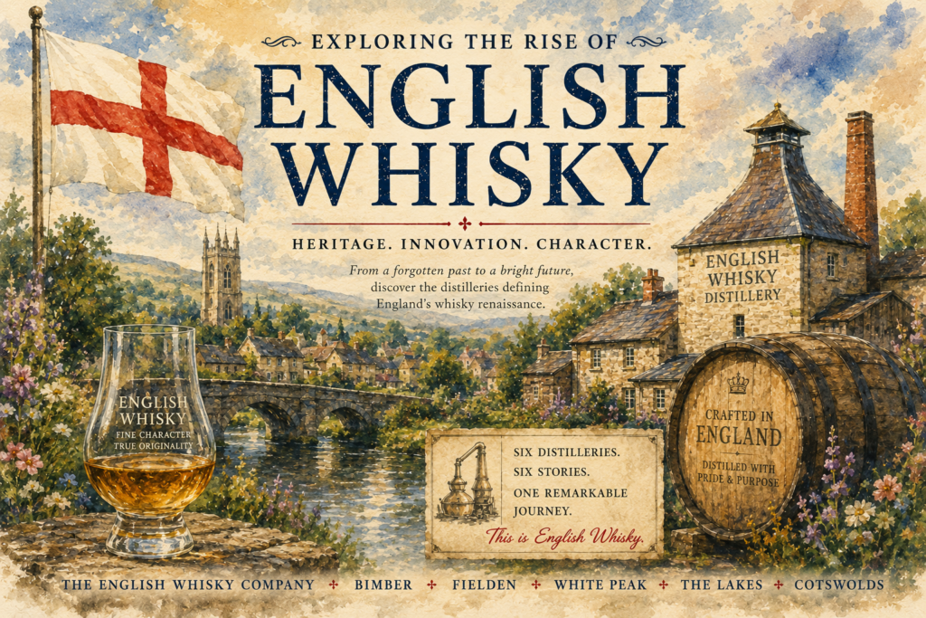 Watercolour illustration of the English whisky revival featuring an English distillery, the St George's Cross flag, a Glencairn of whisky and England's leading whisky producers.