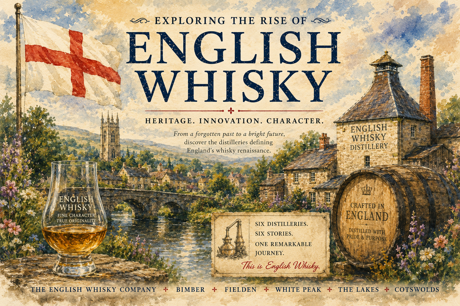 Watercolour illustration of the English whisky revival featuring an English distillery, the St George's Cross flag, a Glencairn of whisky and England's leading whisky producers.