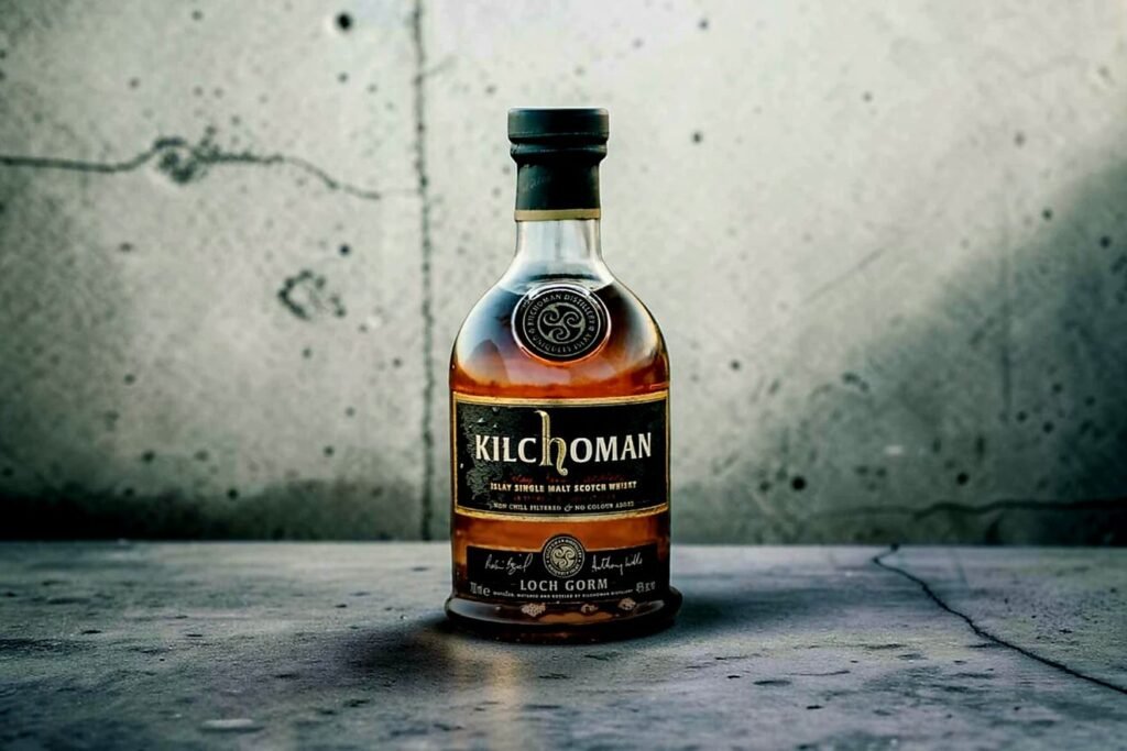 Kilchoman Loch Gorm 2025 review bottle standing on a concrete surface with an industrial backdrop