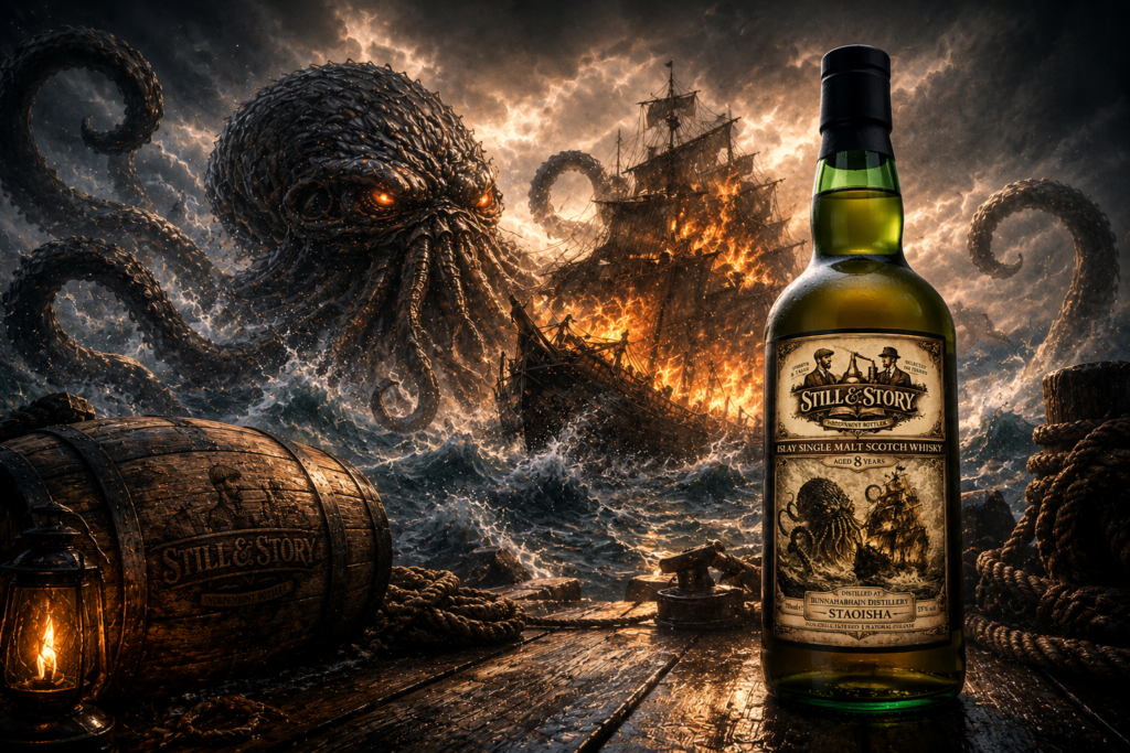 Still & Story The Kraken 8 Year Old Staoisha with fantasy Kraken attacking a burning ship