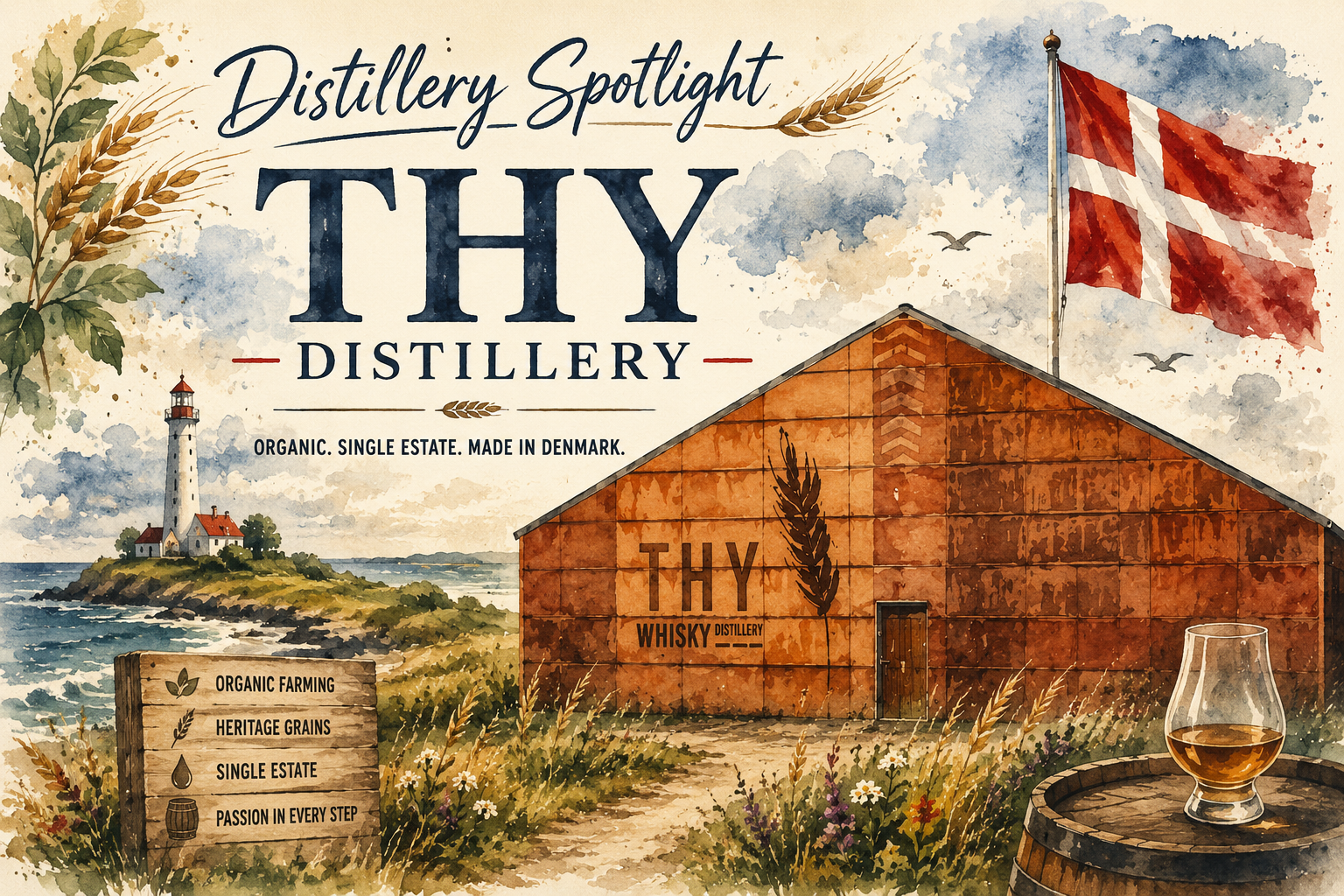 Thy Distillery in Denmark illustrated in watercolour, with the Danish flag, organic grain fields and a coastal landscape.