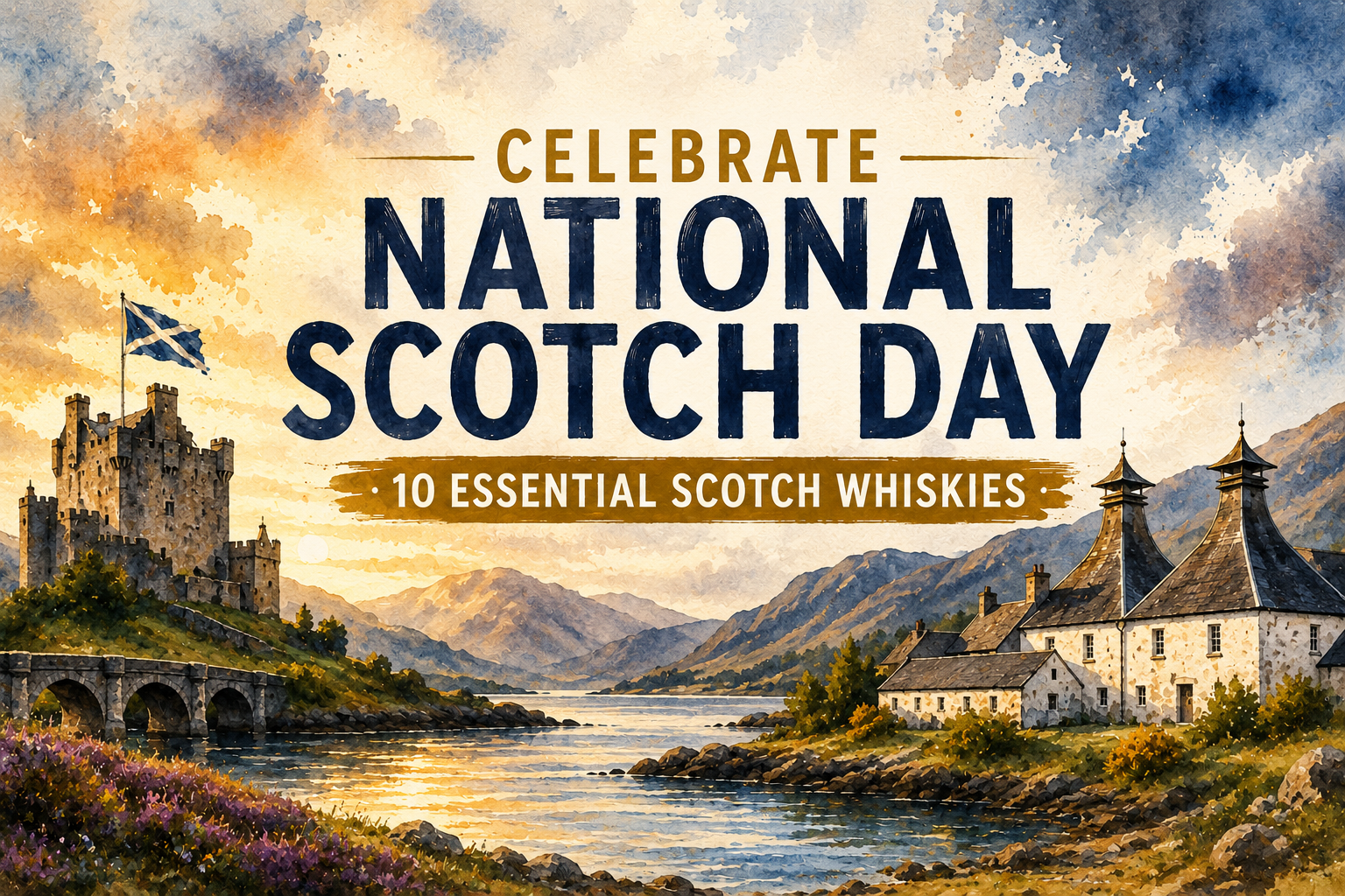 Watercolour illustration celebrating National Scotch Day with a Scottish castle, traditional distillery and Highland landscape. With a top 10 scotch whiskies.