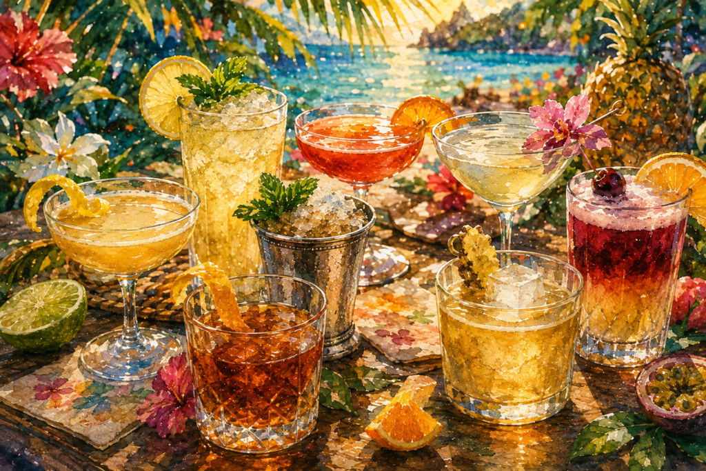Eight refreshing summer whisky cocktails on a rustic wooden table overlooking a tropical beach at sunset in a vibrant editorial-style watercolour illustration.