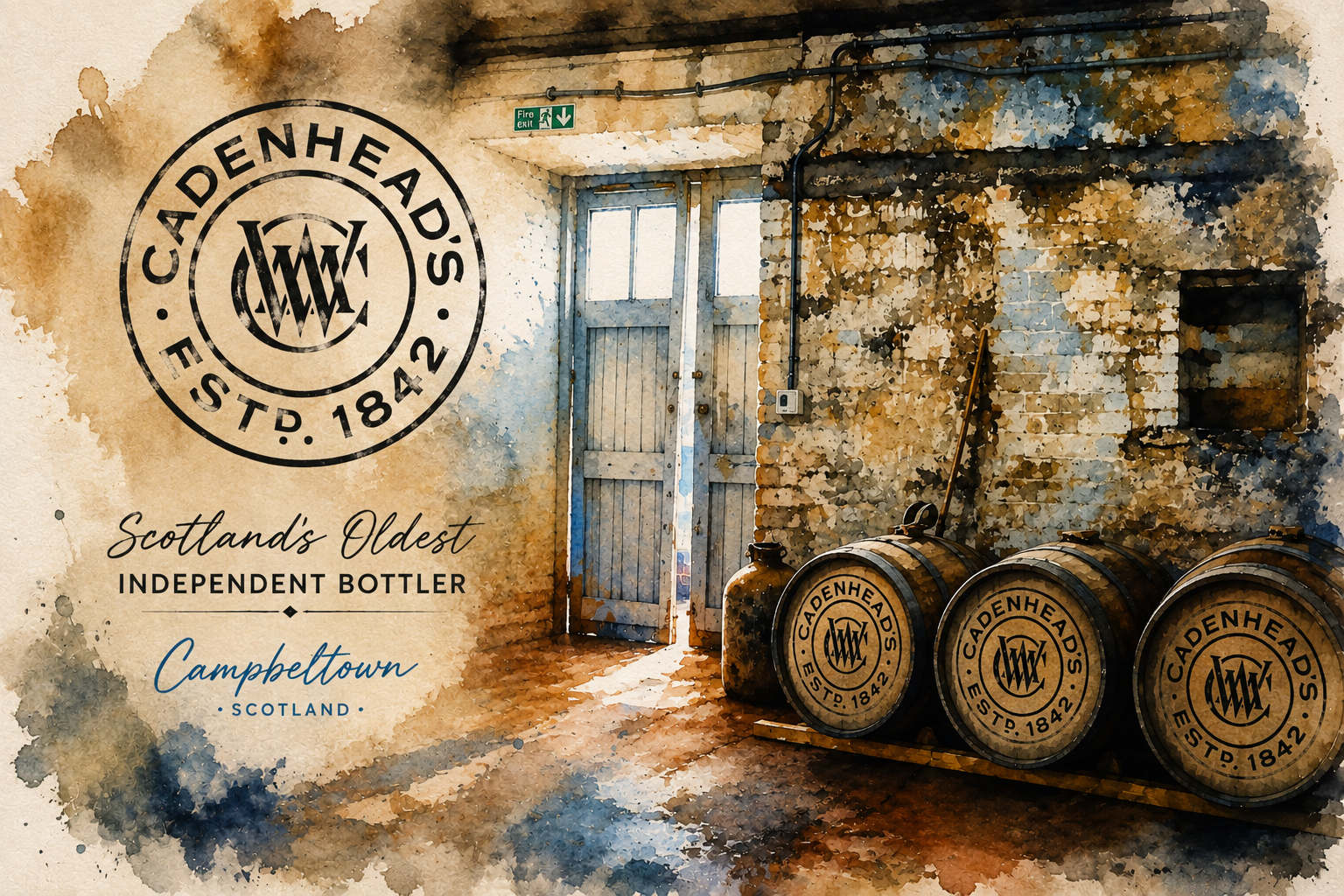 Cadenhead’s whisky warehouse in Campbeltown with branded casks, illustrated in watercolour for the DRAM1 Indie Bottler Spotlight.