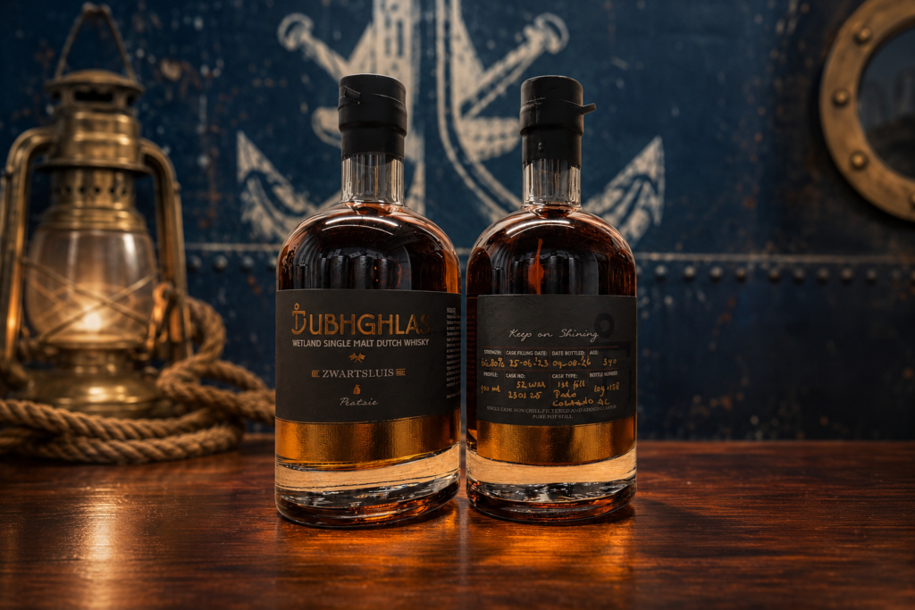 Dubhghlas Peatsie Palo Cortado Dutch single malt whisky bottle in a atmospheric naval-themed setting with a brass lantern, rope and porthole.