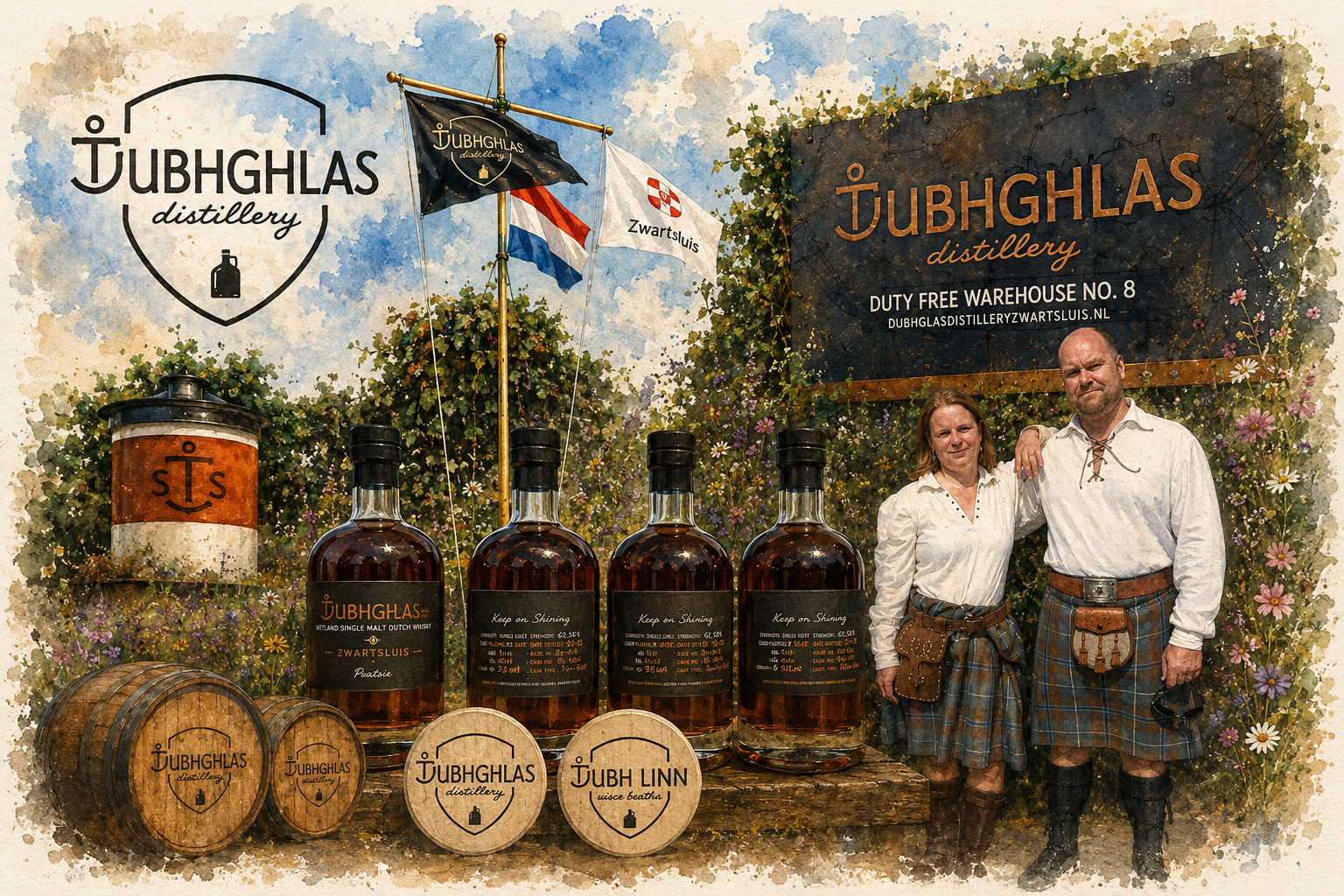 Dubhghlas Distillery in Zwartsluis with Cees and Laura, Peatsie Dutch single malt whisky bottles, maritime flags and distillery branding
