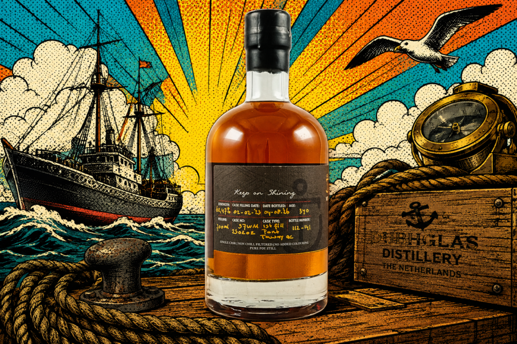 Dubhghlas Peatsie Tawny Port whisky bottle in a colourful pop art maritime scene with a merchant ship, rough seas and nautical elements
