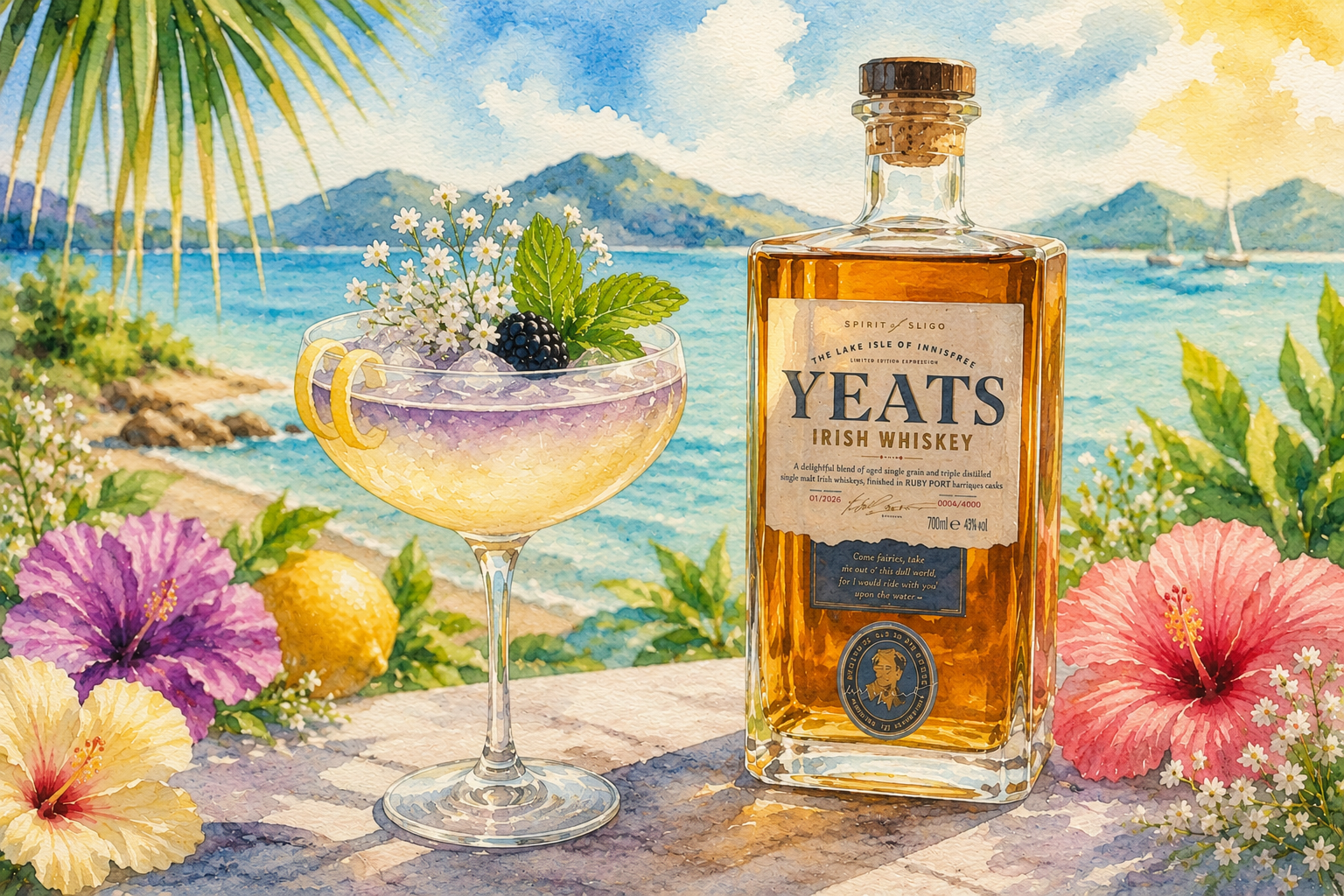 Innisfree Elderflower Collins with Yeats Irish Whiskey in a tropical summer setting