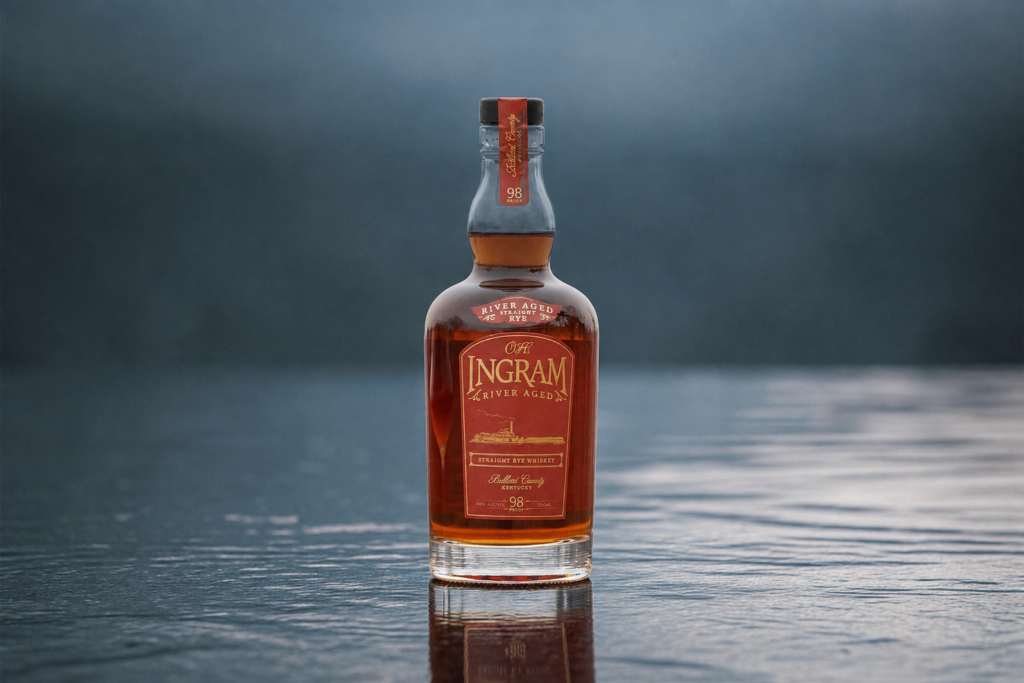 O.H. Ingram River Aged Straight Rye Whiskey bottle standing on the water, inspired by its unique Mississippi River maturation.