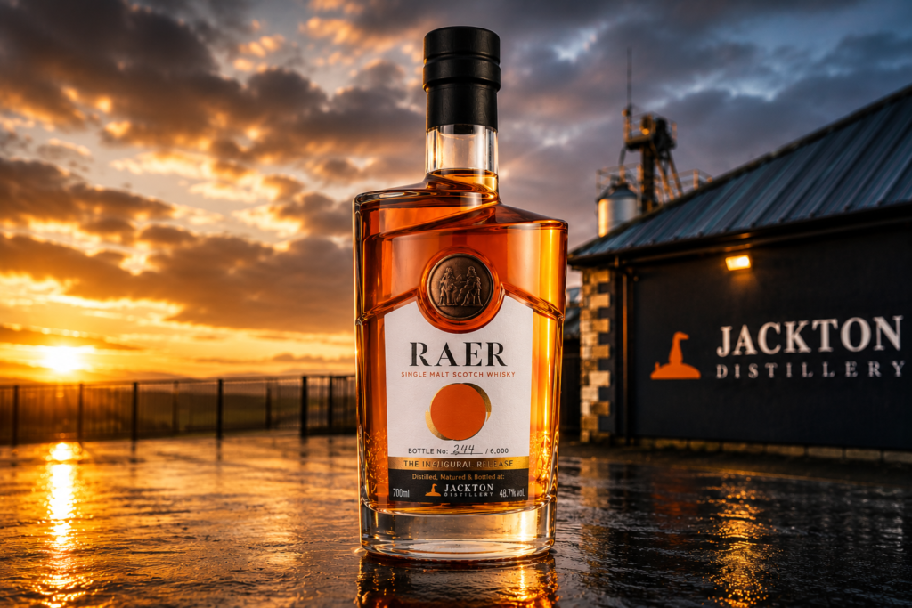 RAER Single Malt Scotch Whisky Inaugural Release bottle outside Jackton Distillery in Scotland at sunset