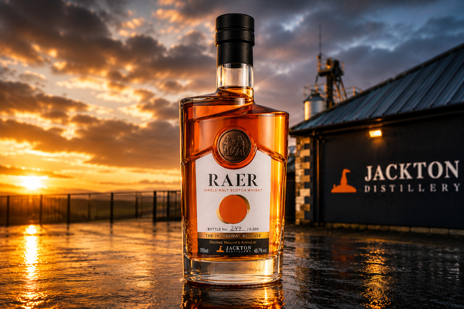 RAER Single Malt Scotch Whisky Inaugural Release bottle outside Jackton Distillery in Scotland at sunset