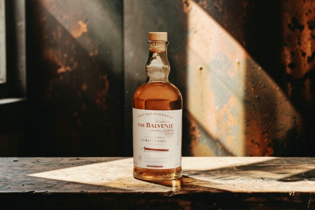 The Balvenie 12 Year Old Montilla Wine Cask from A Collection of Curious Casks, photographed in warm sunlight.