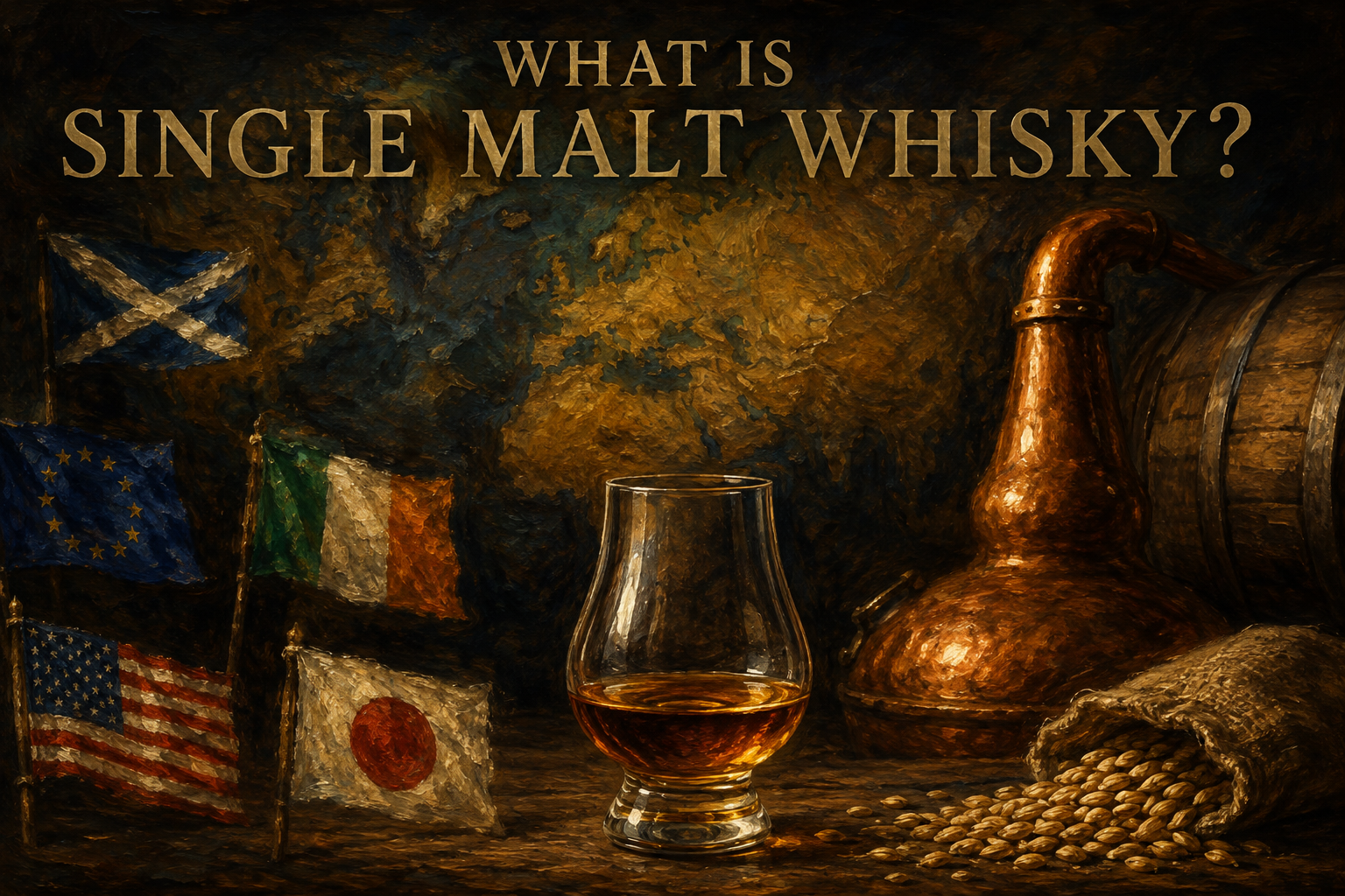 What is single malt whisky – whisky glass, malted barley, copper pot still and international whisky regions