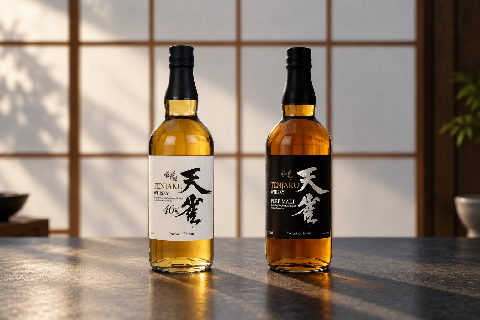Tenjaku Review Blended Whisky and Tenjaku Pure Malt bottles side by side in a Japanese-inspired setting