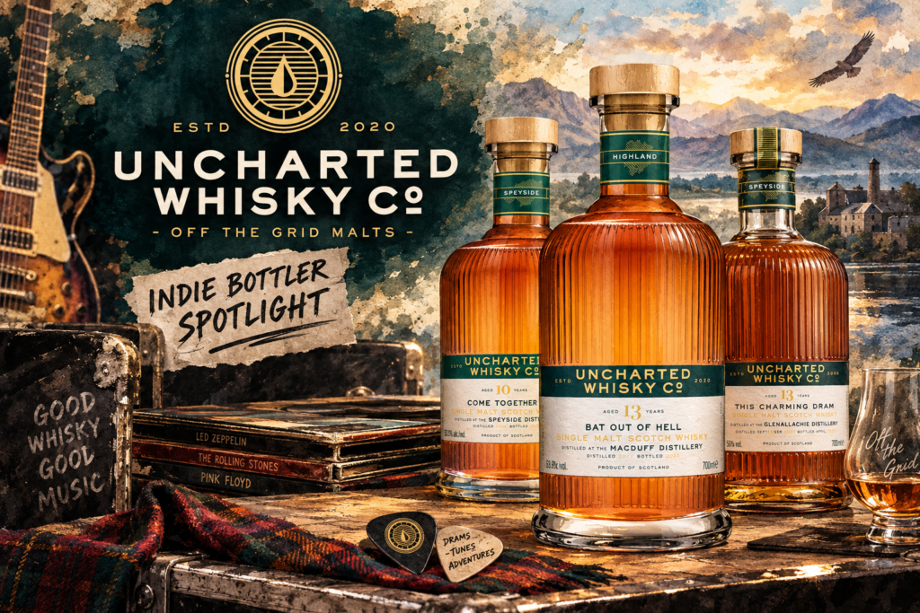 Uncharted Whisky Co. bottles with vintage rock artwork – DRAM1 Indie Bottler Spotlight
