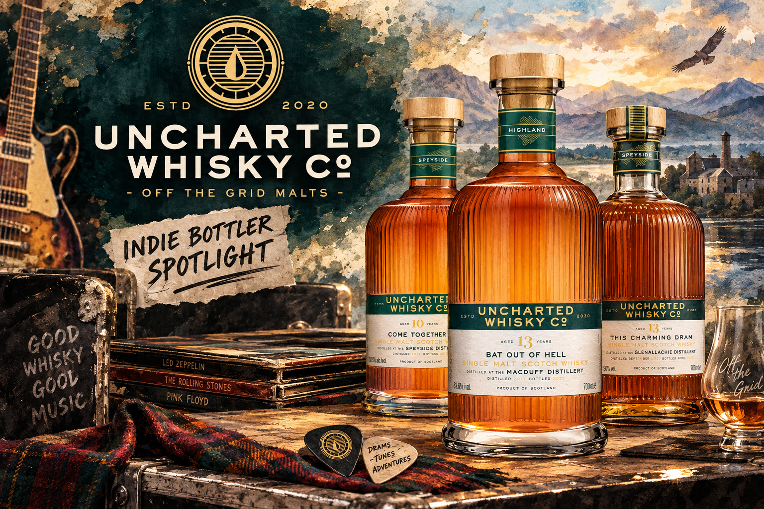Uncharted Whisky Co. bottles with vintage rock artwork – DRAM1 Indie Bottler Spotlight